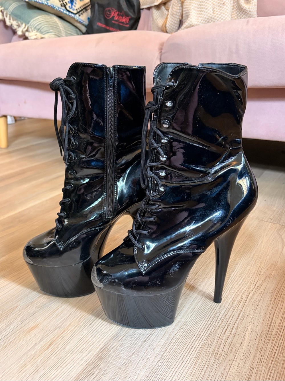 Black Patent 7” Pleaser Lace-Up Ankle Boots